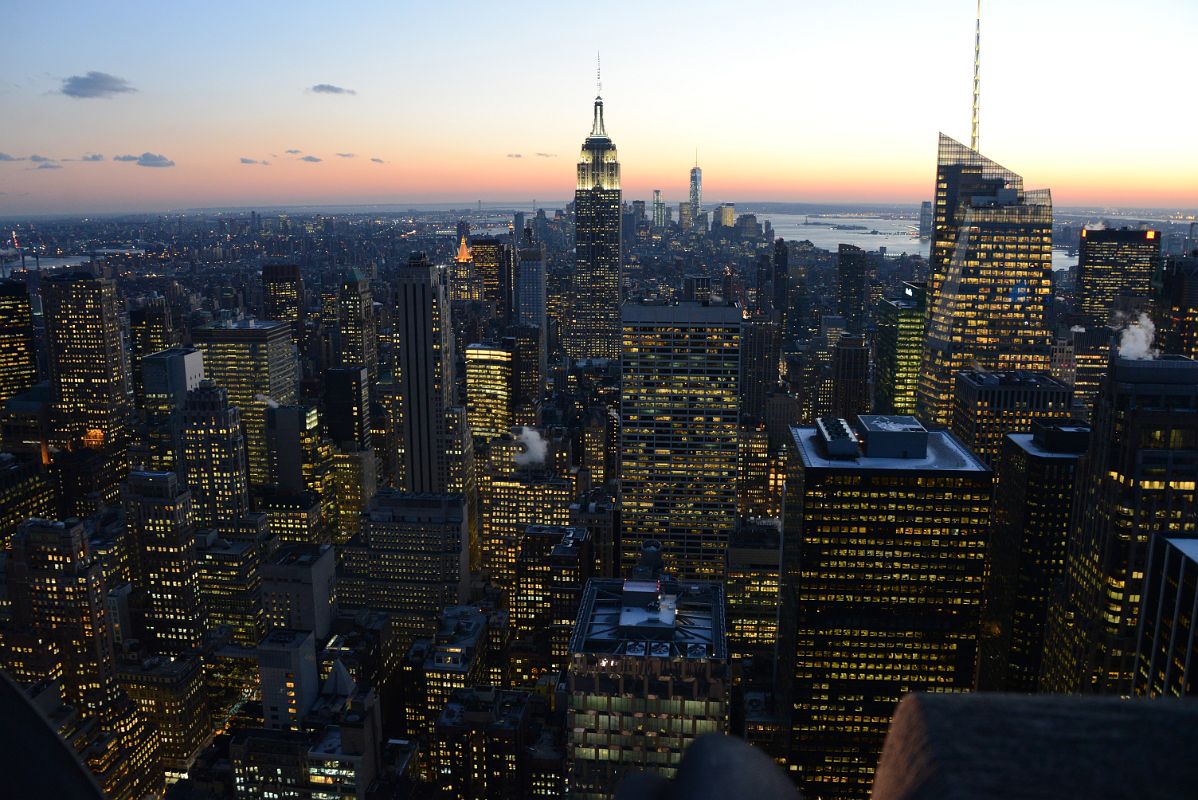 New York City Top Of The Rock 14A South Midtown To Empire State Building To Financial District, Bank of America Tower After Sunset